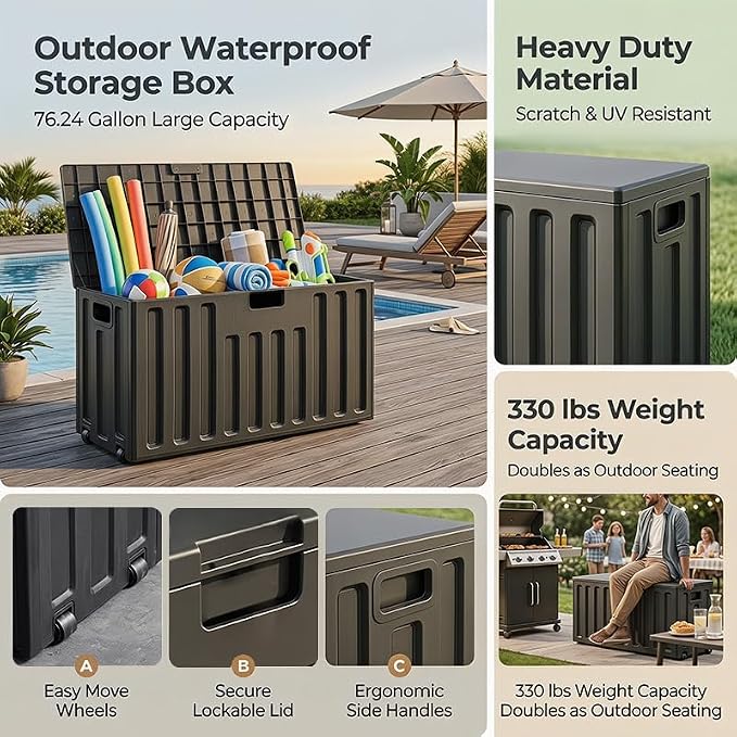 76 Gallon Outdoor Deck Box with Wheels & Lockable Lid - Waterproof UV Resistant Resin Storage Box, Patio Bench Container for Garden Tools, Pool Accessories, Backyard Porch & Patio Cushions (Black)