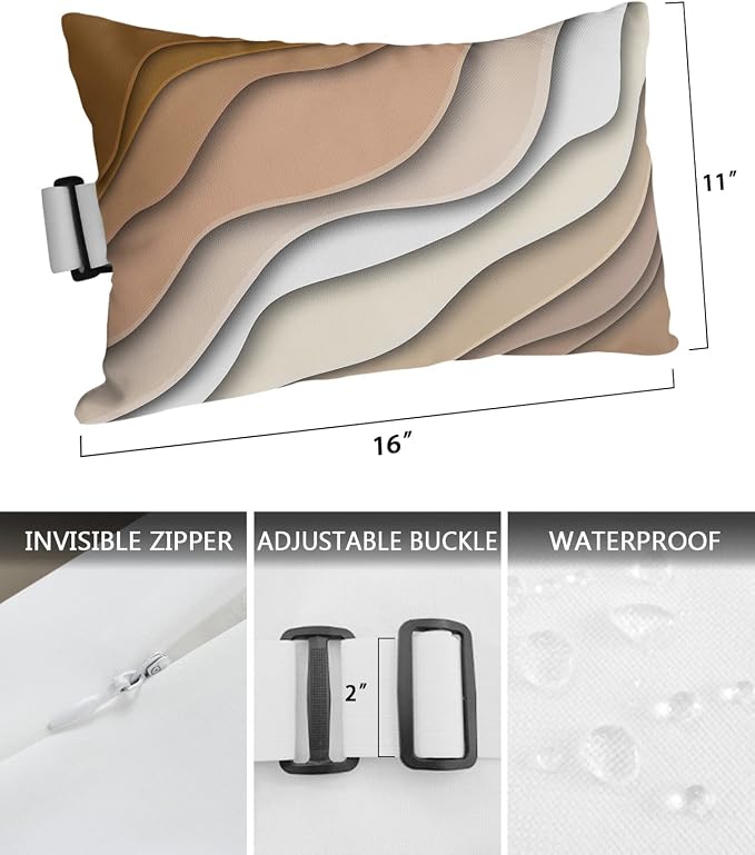 Outdoor Pillows Covers with Inserts Modern Abstract Geometric Brown Gradient Waterproof Recliner Pillow with Adjustable Strap Throw Pillows for Patio Furniture Pool Lounge Chair, 11x16 inch, 1PCS