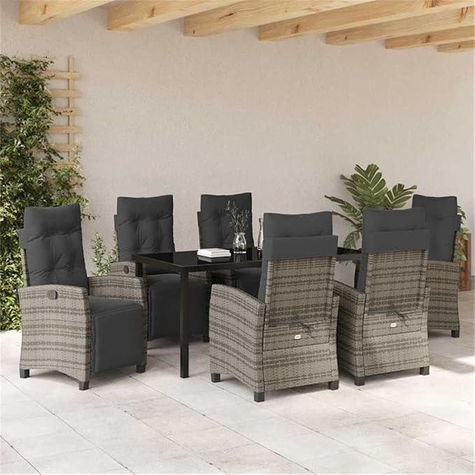 Afuera Living 7 Piece Poly Rattan Patio Dining Set, Gray Woven Texture, Glass-Topped Table, Steel Frame, Cushioned Chairs with Adjustable Backrests, Modern Outdoor Furniture for Garden or Terrace