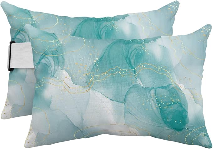 Marble Aqua Outdoor Beach Chair Pillow Headrest for Chaise Lounge Chair,Aesthetics Abstract Ombre Minimalist Art Recliner Head Pillow Waterproof Pillowcases with Elastic Stripes & Inserts 11x16,2 Pcs