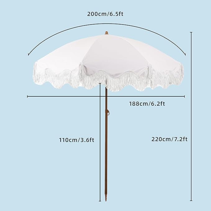 Rayjee 6.5FT Patio Umbrella with Fringe, Portable Boho Beach Umbrella, Tilt & Adjustable Height, 2-Piece Aluminum Pole for Pool, Garden, Deck & Beach