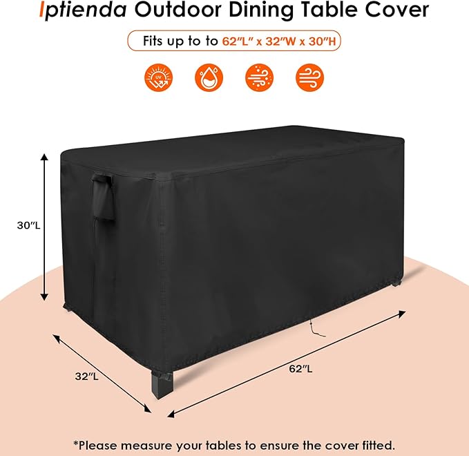 Outdoor Dining Table Cover, 63inch Patio Dining Table Cover Waterproof for 6 Person Kitchen Table,Farmhouse Center Table,Outdoor Furniture, Wooden Table, Metal Table-63"L x 32"W x 30"H