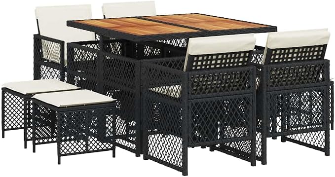 9 Piece Outdoor Dining Set with Rectangular Solid Acacia Wood Table, Black PE Rattan High-Back Chairs and Stools, Removable Cushions for Patio Garden