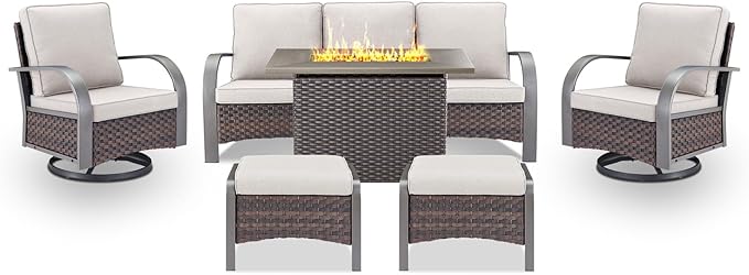 Belord Patio Furniture Set with Fire Pit Table - 50000 BTU Propane Fire Pit, 6 Piece Outdoor Conversation Furniture Sets with 2 Swivel Rocker Chair Rattan Sofa Perfect for Casual Gathering