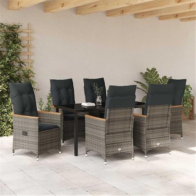 Afuera Living 7 Piece Poly Rattan Patio Dining Set, Gray Finish, Steel Frame with Powder-Coated Coating, Tempered Glass Table, Removable Cushioned Seats, Modern Outdoor Furniture for Garden or Patio