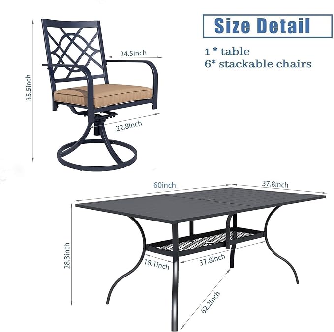 Oakcloud 7-Piece Metal Outdoor Furniture Patio Dining Set with Brown Umbrella, 6 Metal Swivel Chairs and Rectangle Dining Table with Umbrella Hole
