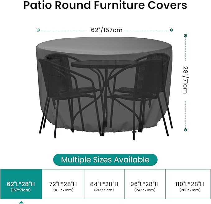 Mrrihand Round Patio Furniture Cover - Outdoor Chair Covers Waterproof Heavy Duty 600D Outdoor Table Chair Set Covers Anti-Fading Cover for Outdoor Furniture Set, 62"DIAx28"H, Black