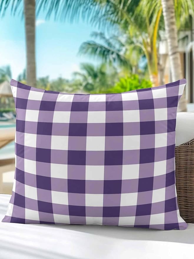 Waterproof Outdoor Pillow 1 Pack Purple Buffalo Plaid Decorative Throw Pillows Cover & Insert 18x18 Inch Pillowcase Check Lines Square Pillows for Couch Sofa Bed Patio Furniture Indoor Outdoor