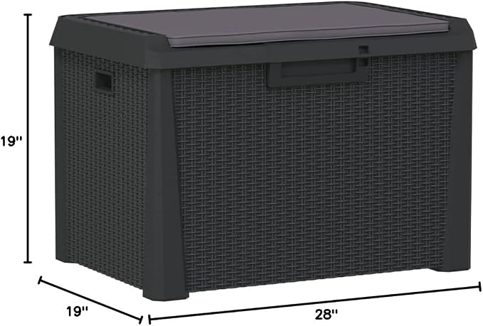 Patio Storage Box with Seat Cushion 33 Gallon Rattan Look Outdoor Deck Box Anthracite Weather-Resistant PP Material for Garden Furniture Poolside Storage
