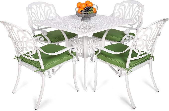 VIVIJASON 5-Piece Patio Furniture Dining Set, All-Weather White Cast Aluminum Outdoor Conversation Set, Include 4 Cushioned Chairs and a 35.4" Square Table w/Umbrella Hole for Balcony Lawn Garden