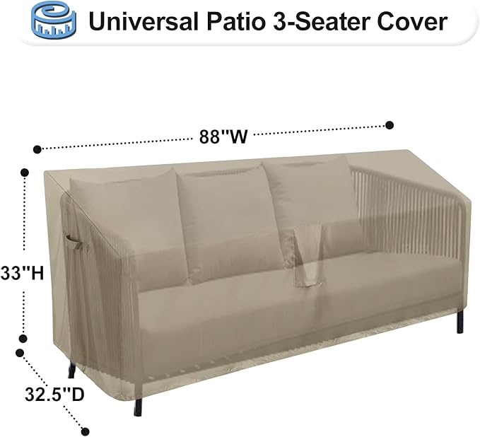 OutdoorLines Outdoor Waterproof Patio 3-Seater Couch Cover - UV Resistant Patio Sofa Furniture Covers Weatherproof Heavy Duty Glider Covers for Outdoor Furniture, 88Wx32.5Dx33H Inches, Camel