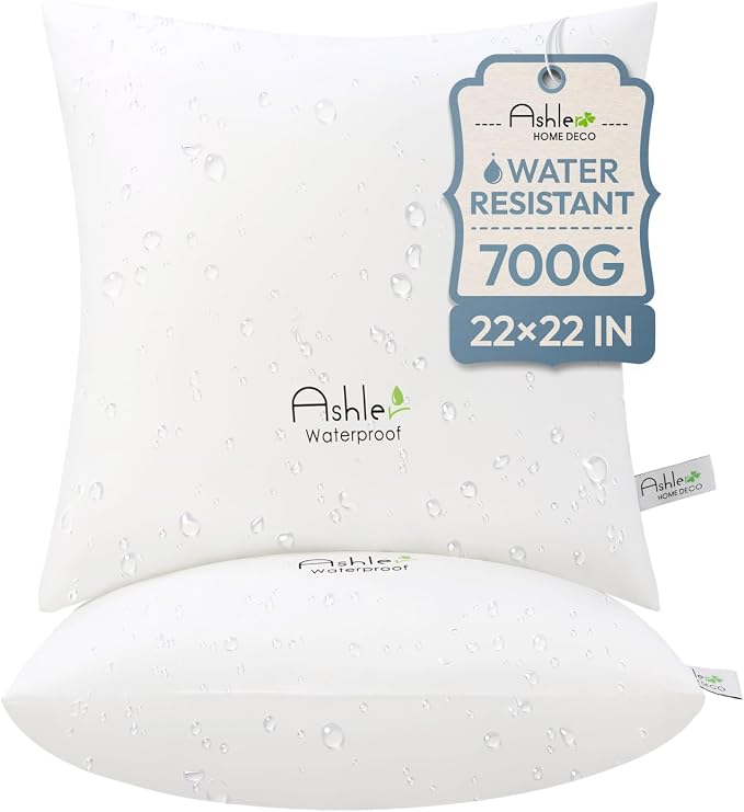 Ashler Outdoor Pillow Inserts 22x22 Pack of 2, Waterproof Pillows Decorative for Couch, Hypoallergenic Pillow Square Lumbar Pillow Form for Bedding Couch,White
