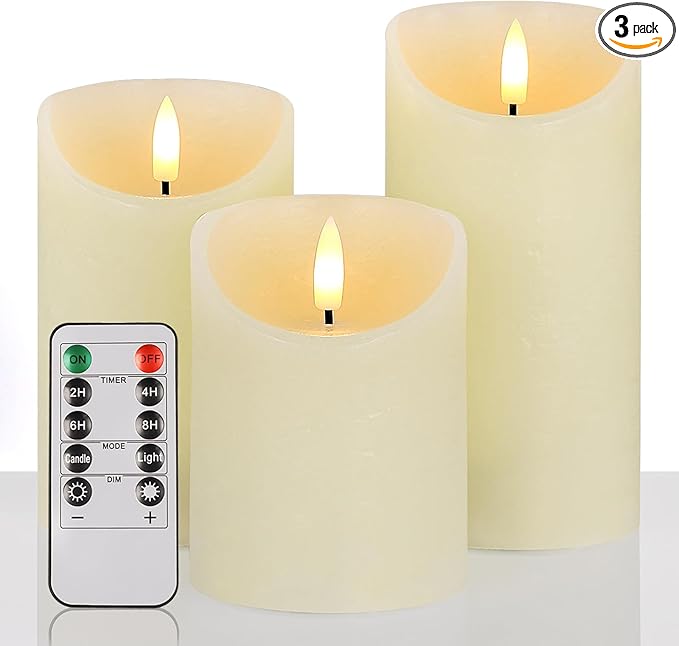 Flameless Candles with Remote, Real Wax Battery Operated Candles with Timer, 3D Wick Ivory Fake LED Candles for Christmas Gifts Home Decor Party Wedding, D3 x H4/5"/6", Set of 3