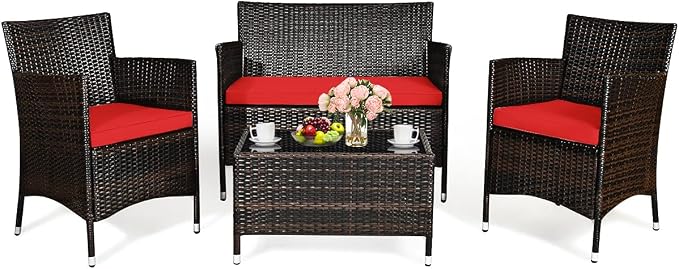 COSTWAY 4PCS Rattan Patio Furniture Set | Outdoor Wicker Rattan Chairs with Coffee Table, Rattan Cushioned Conversation Set for Backyard Balcony Porch Poolside, Red