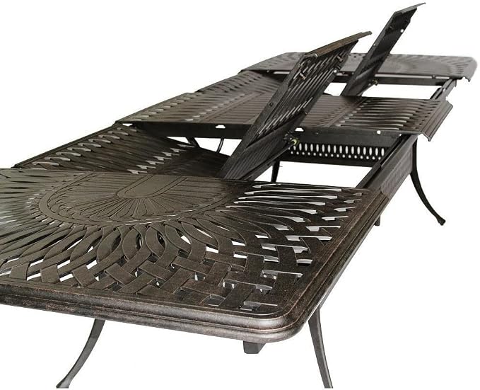 Elizabeth Outdoor Cast Aluminum Powder Coated 11-Piece Dining Set with Extendable 132in Rectangular Dining Table (Premium-Linen-Sesame Cushions)