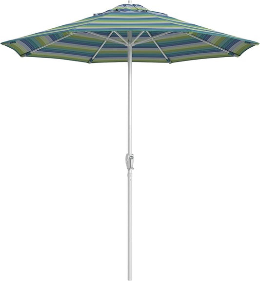 California Umbrella 12-Year Protection 7.5-Ft Outdoor Patio Umbrella, Sunbrella Fade-Resistant Fabric, Auto-Tilt, Heavy Duty Aluminum Frame, 8 Reinforced Ribs for Pool or Deck, White Pole, Seville Seaside