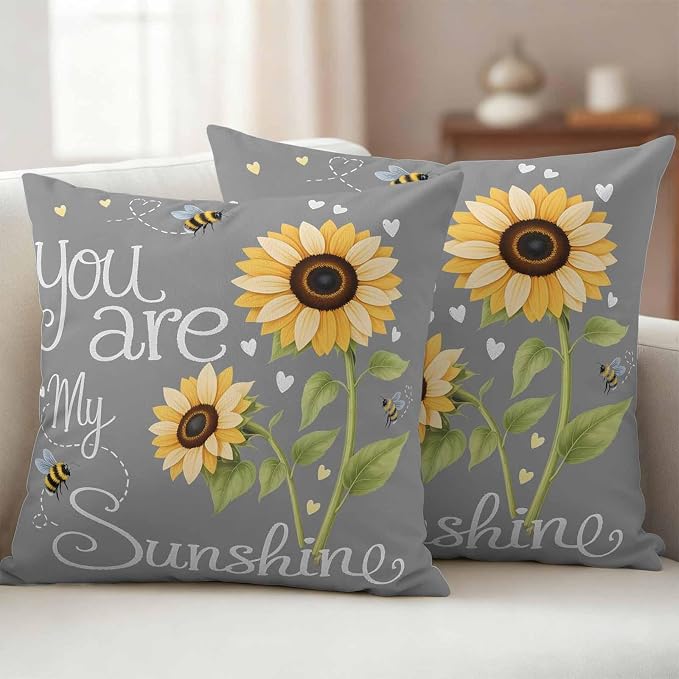 Outdoor Pillow Covers Letters You are My Sunshine Decorative Throw Pillow Covers, Pastoral Sunflowers on Gray Throw Cushion Case with Zipper for Patio,Couch,Sofa,Garden 18x18in Set of 2