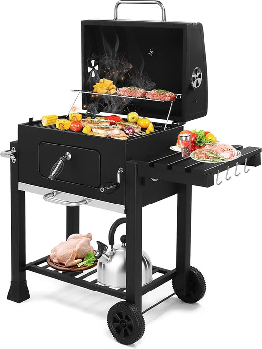 Outdoor BBQ Charcoal Grills,Heavy Duty Charcoal Grill,Metal Outdoor Barbecue Smoker,Portable Camping Barbecue Grills,with Foldable Side Tables,for Garden, Backyard, Patio, Picnics, Party (Black)
