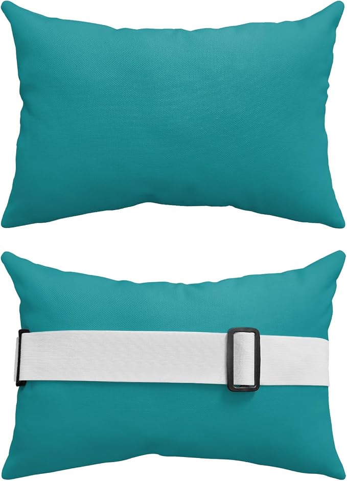 Outdoor Pillow for Chaise Lounge Chair, Pure Teal Green Solid Color Waterproof Recliner Headrest Pillow Lumbar Pillows with Adjustable Elastic Strap for Beach, Poolside, Patio, Office (1 Pack)