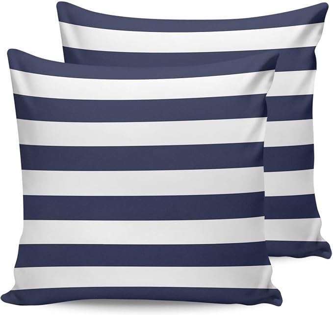 Outdoor Waterproof Pillow Covers for Patio Furniture Solid Nautical Striped Decorative Throw Pillow Cover Navy Blue Pillowcases Set of 2 Cushion Case for Sofa Couch Chair Home Decor 24 x 24 Inches