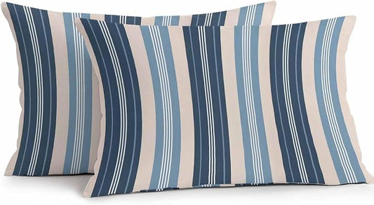 Blue Beige Striped Waterproof Outdoor Pillow Covers Set of 2 Home Decor, Modern Stripes Art Farmhouse Pillowcase Patio Pillow Covers for Couch Bench Furniture Garden 20x12in
