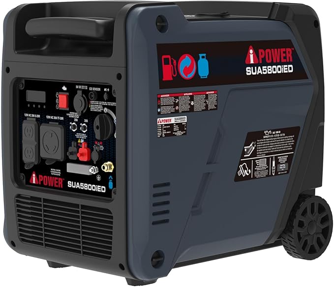 A-iPower 5800-Watt Dual Fuel Quiet Portable Inverter Generator, Electric Start RV Ready, EPA & CARB Compliant CO Sensor, with Telescopic Handle for Backup Home Use, Tailgating & Camping (SUA5800iED)