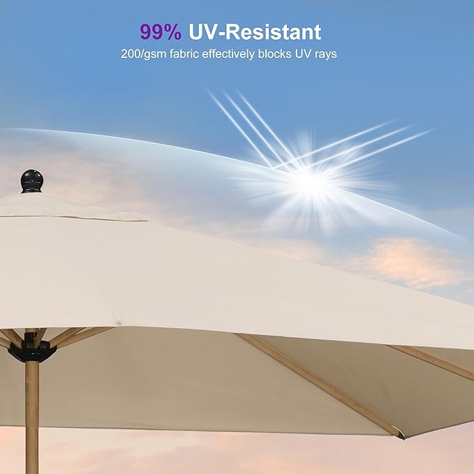 PURPLE LEAF 8' x 11.5' Patio Umbrella with Base Outdoor Umbrella Market Umbrella with Crank & 8 Ribs Aluminum Rectangular Table Umbrella Outdoor Patio for Backyard, Beige
