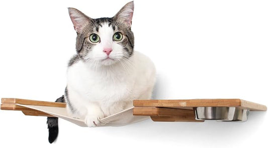 Catastrophic Creations Cat Feeder Lounge w/Cat Hammock — Natural Bamboo Cat Wall Furniture — Wall Mounted Cat Feeder — Highly Customizable, Cat Tested & Approved (25 Inch)