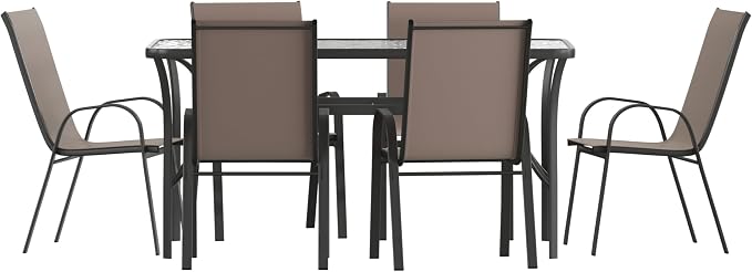 EMMA + OLIVER Bartlett 7-Piece Outdoor Dining Set, Patio Table with Tempered Glass Top and Umbrella Hole, 6 Flex Comfort Textilene Stack Chairs, 60", Brown/Black