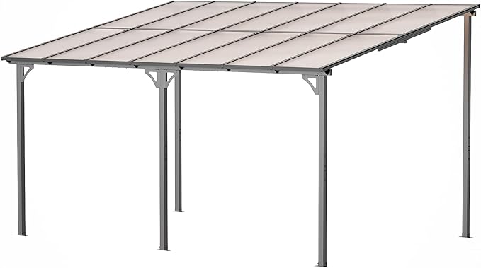 10' x 14' Lean to Gazeb,Hardtop Galvanized Steel Pergola with Sloped Polycarbonate Roof,Wall Mounted Gazebo Patio Canopy with Ground Anchor for Backyard Deck