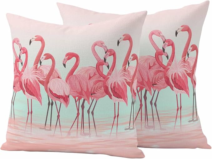 Outdoor Pillow Covers,Flamingo Bird on Gradient Background Decorative Throw Pillow Cover Waterproof Pillowcase Set of 2,Linen Cushion Case for Sofa Couch Bed 20x20 Inch,Tropical Pink Animals