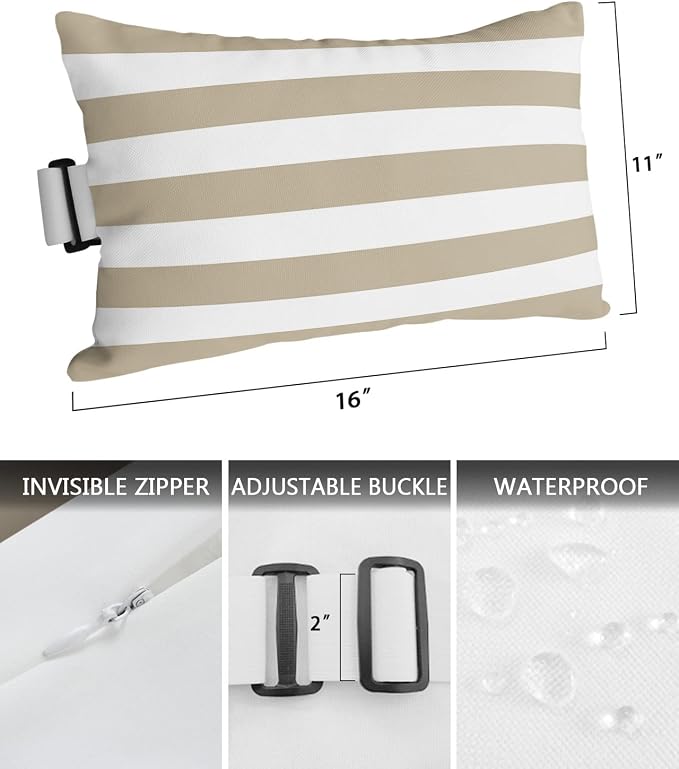T&H XHome Outdoor Pillow for Chaise Lounge Chair, Khaki and White Stripe Waterproof Headrest Pillow Lumbar Pillows with Adjustable Elastic Strap for Beach, Poolside, Patio, Office (1 Pack)
