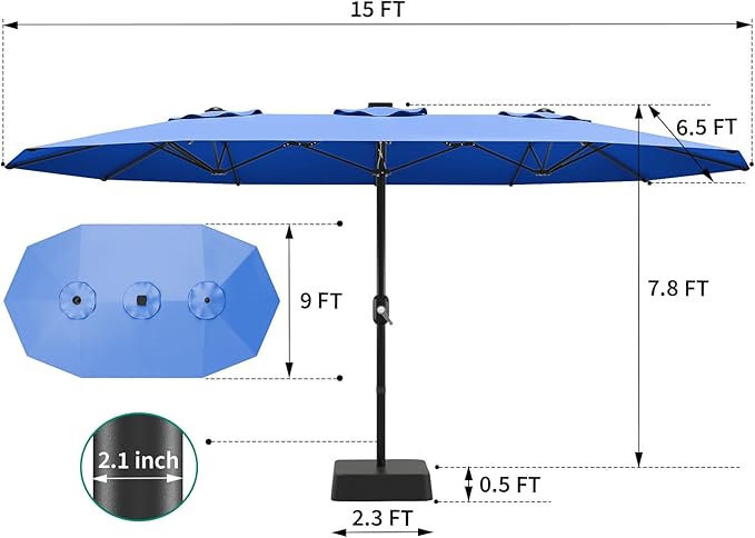 15 ft Umbrella Outdoor Patio with Base, Double-Sided Rectangular Outdoor Shade,UV & Fade-Resistant Polyester, Easy Crank Lift,Waterproof Market Umbrella for Pool, Garden, Backyard