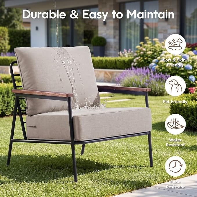 Luxury 22*24*6in Outdoor Patio Cushions, 2 Pieces Beige Outdoor Cushion | 6'' Thick Outdoor Cushions, Water-Resistant, Reversible, Removable Cover, for Patio Chairs Sofa Couch Loveseat