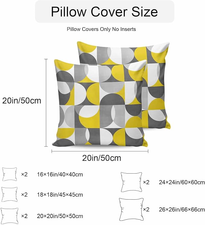 Vandarllin Outdoor Throw Pillows Covers 16x16 inch Set of 2 Waterproof Mid Century Geometric Decorative Zippered Cushion Covers for Patio Furniture, Abstract Modern Yellow Gray Lumbar Pillowcases