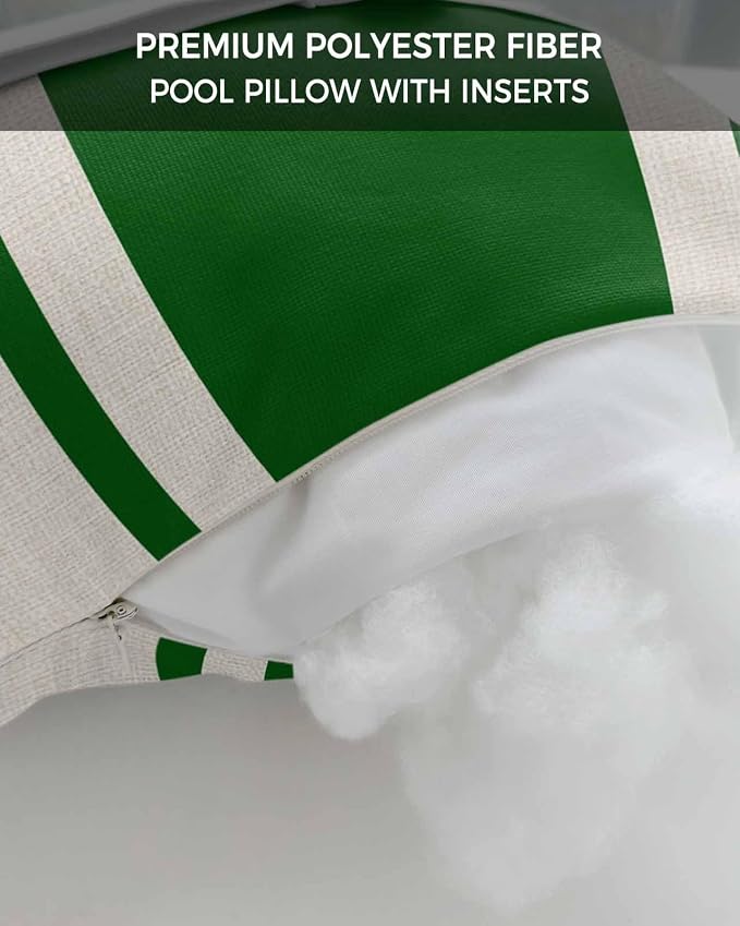 Outdoor Lumbar Pillows with Strap & Insert Green Stripe Lines Recliner Head Pillow Pack of 2 Linen Striped Waterproof Headrest Patio Lounge Chair Pillows for Beach Pool Office Chaise Chair 11x16 Inch