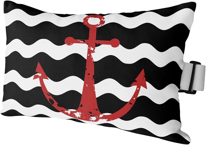 Recliner Head Pillow Lounge Chair Pillows with Insert Red Nautical Anchor Navy Blue Wavy Stripes Lumbar Pillow with Adjustable Strap Outdoor Waterproof Patio Pillows for Beach Pool, 1 PCS