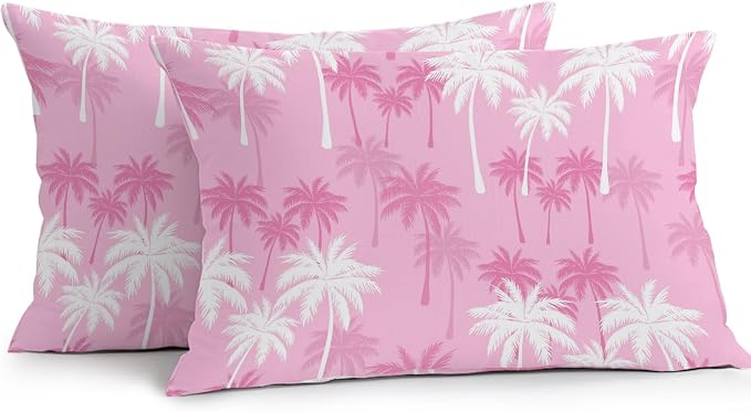 Lumbar Pillow Covers 20x12 Inch Set of 2, Tropical Palm Tree Waterproof Outdoor Pillow Covers, Magenta Pink Plants Coastal Leaf Beach Decorative Cushion Pillowcases for Couch, Sofa, Bed, Garden, Patio