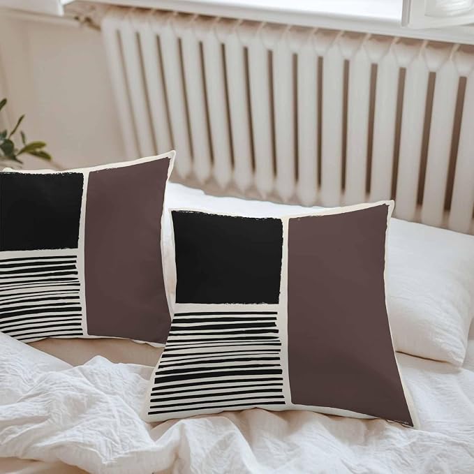 Throw Pillow Covers 18x18 Inch Set of 2, Brown Black Waterproof Outdoor Pillow Covers, Modern Abstract Art Farmhouse Striped Decorative Cushion Pillowcases for Couch, Sofa, Bed, Garden, Patio