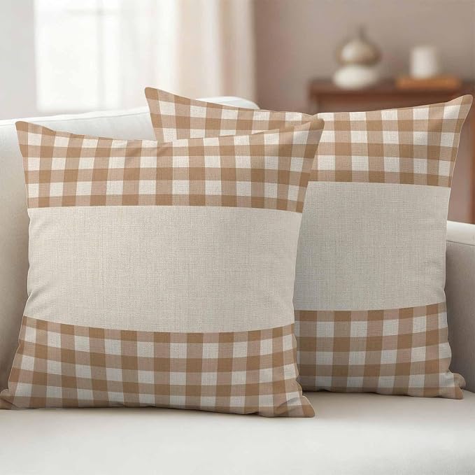 Retro Brown Outdoor Waterproof Pillow Covers, Farmhouse Buffalo Plaid Vintage Beige Decorative Square Throw Pillowcase Sofa Cushion Sham for Patio/Couch/Chair, 20"x20" 2 Pack