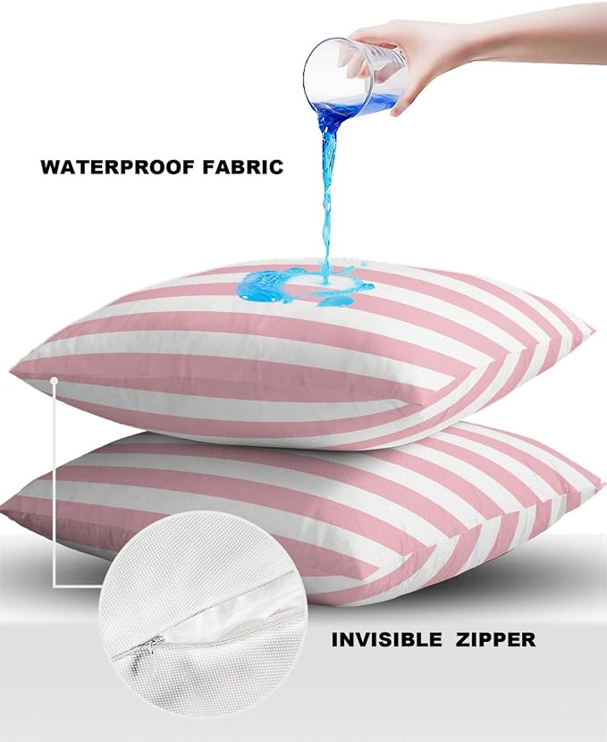 Outdoor Waterproof Pillow Covers for Patio Furniture Pink and White Stripes Decorative Throw Pillow Cover Solid Striped Pillowcases Set of 2 Cushion Case for Sofa Couch Chair 16 x 16 in