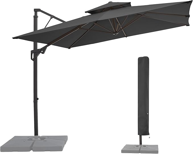JEAREY 9ft 2-Tier Cantilever Patio Umbrella, Large Square Outdoor Offset Umbrella with Double Top Vent and 360-degree Rotation for Garden, Deck, Pool, Patio, Gray