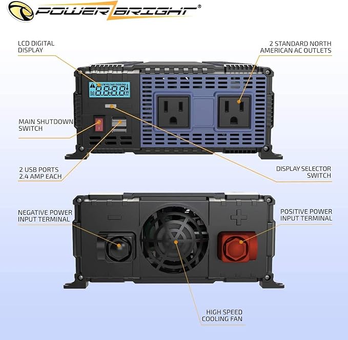 PowerBright 2000 Watt 12V Power Inverter Dual USB & AC Outlets, Easy to Install Automotive Portable Power for Power Tools, Camping and Car Accessories. ETL Approved Under UL STD 458
