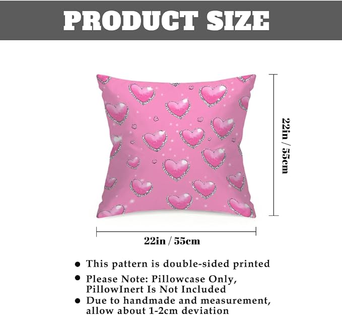 22x22 Inch Outdoor Pillow Covers Set of 2 Waterproof Throw Pillow Covers Decorative Couch Cushion Covers Pink Hearts with_ Diamonds Square Pillowcases Protectors for Patio Garden Sofa