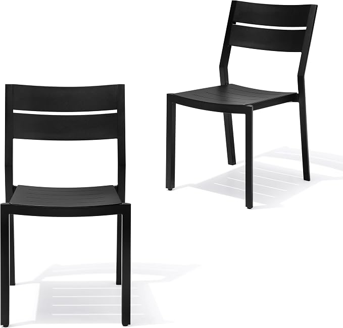 Aluminum Stackable Outdoor Dining Chairs Set of 2, Weather-Resistant Modern Black Patio Armless Chair with Slat Back for Garden, Poolside, Backyard & Porch | Modern Black Patio Armless Chair with Slat Back for Garden, Poolside, Backyard & Porch