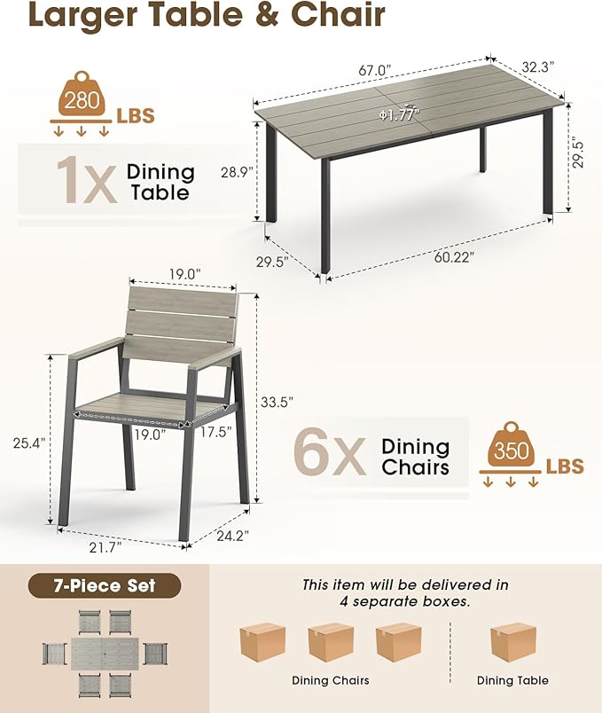 Outdoor Dining Set for 6, Aluminum Patio HDPS Outdooor Table and Chairs Set with Umbrella Hole, All Weather Patio Furniture Set, 7 Peice Patio Dining Table Set (Classic Gray)