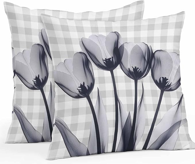 Grey Tulip Waterproof Outdoor Pillow Covers Set of 2 Home Decor, Farmhouse Elegant Flowers Checkered Pillowcase Patio Pillow Covers for Couch Bench Furniture Garden 24x24in