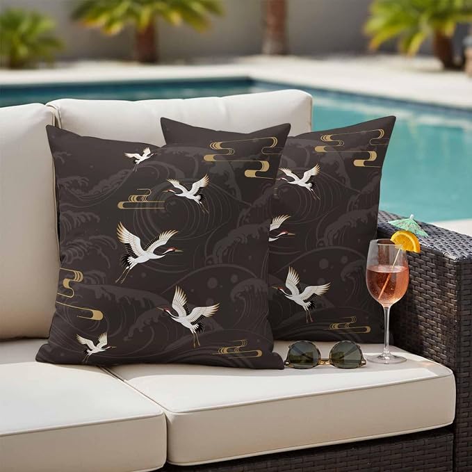Japanese Style Outdoor Pillow Covers 16x16 Inch Throw Pillow Covers Set of 2 Waterproof Decorative Pillow Cases Vintage Cranes Ocean Wave Black Grey Cushion Covers for Patio Furniture Garden Couch