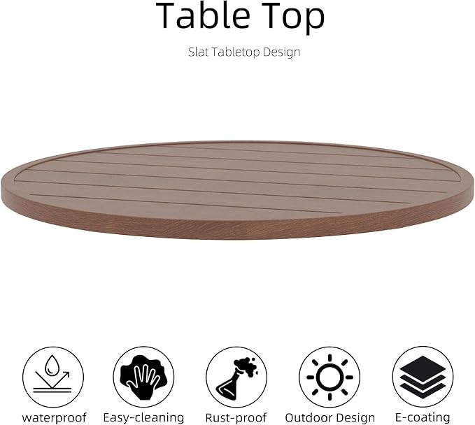 Anmutig Small Outdoor Patio Dining Set, 27.5 Inch Brown Top Round Table with 2 Navy Blue Textilene Swivel Rocker Chairs - Retro Armrest Style1