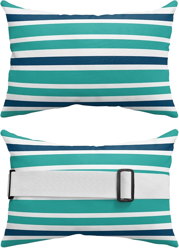 T&H XHome Outdoor Pillow for Chaise Lounge Chair, Teal Navy Blue White Stripe Waterproof Headrest Pillow Lumbar Pillows with Adjustable Elastic Strap for Beach, Poolside, Patio, Office (1 Pack)